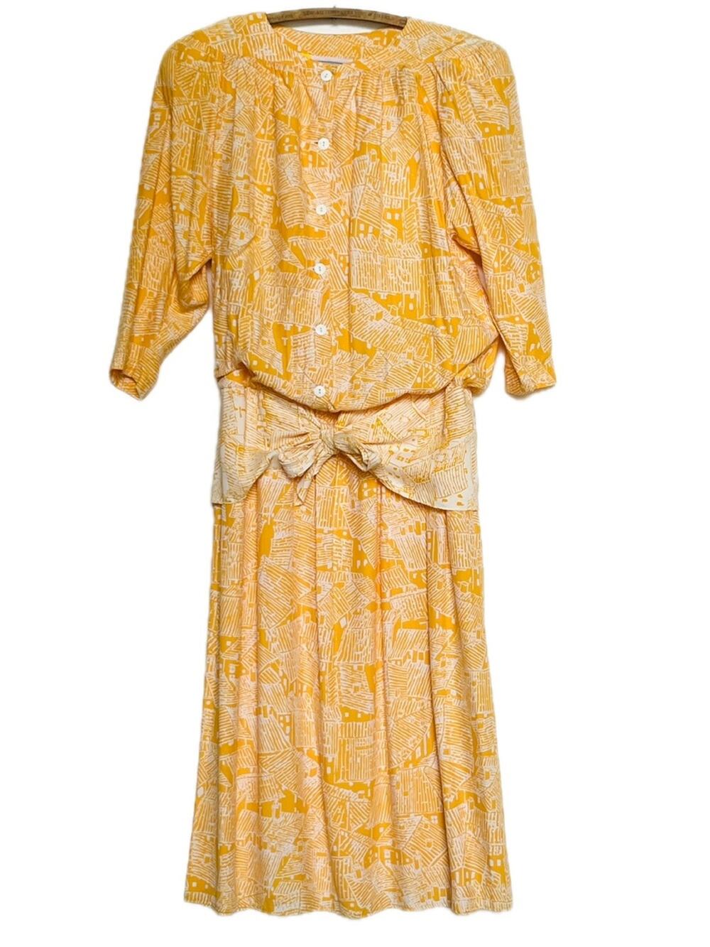 Vintage 80s Yellow Printed Tie-Front Midi Dress House Pattern Button Down Medium